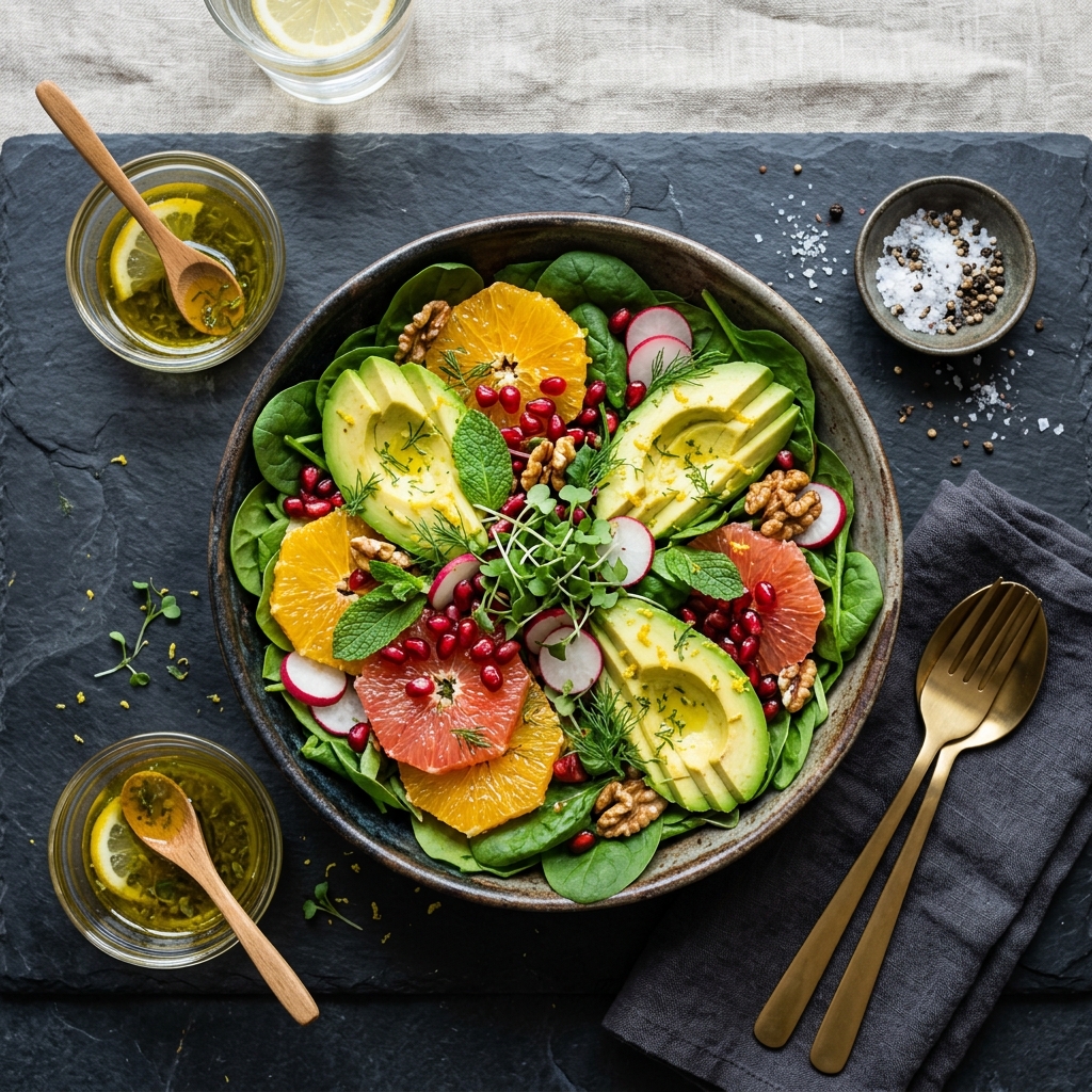 Healthy gourmet salad bowl with fresh greens, citrus, and avocado